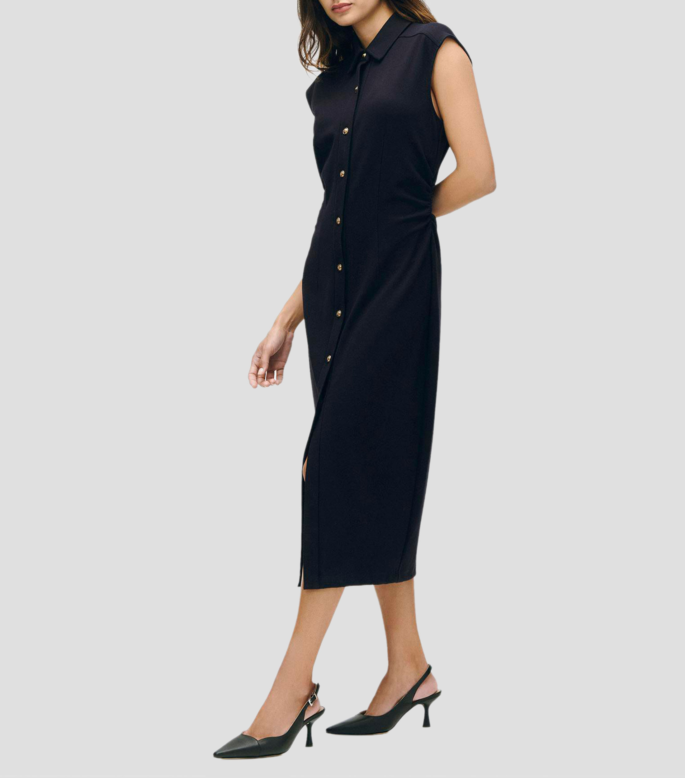 Vestido camisero midi tejido de punto índigo frunces en costado Mujer